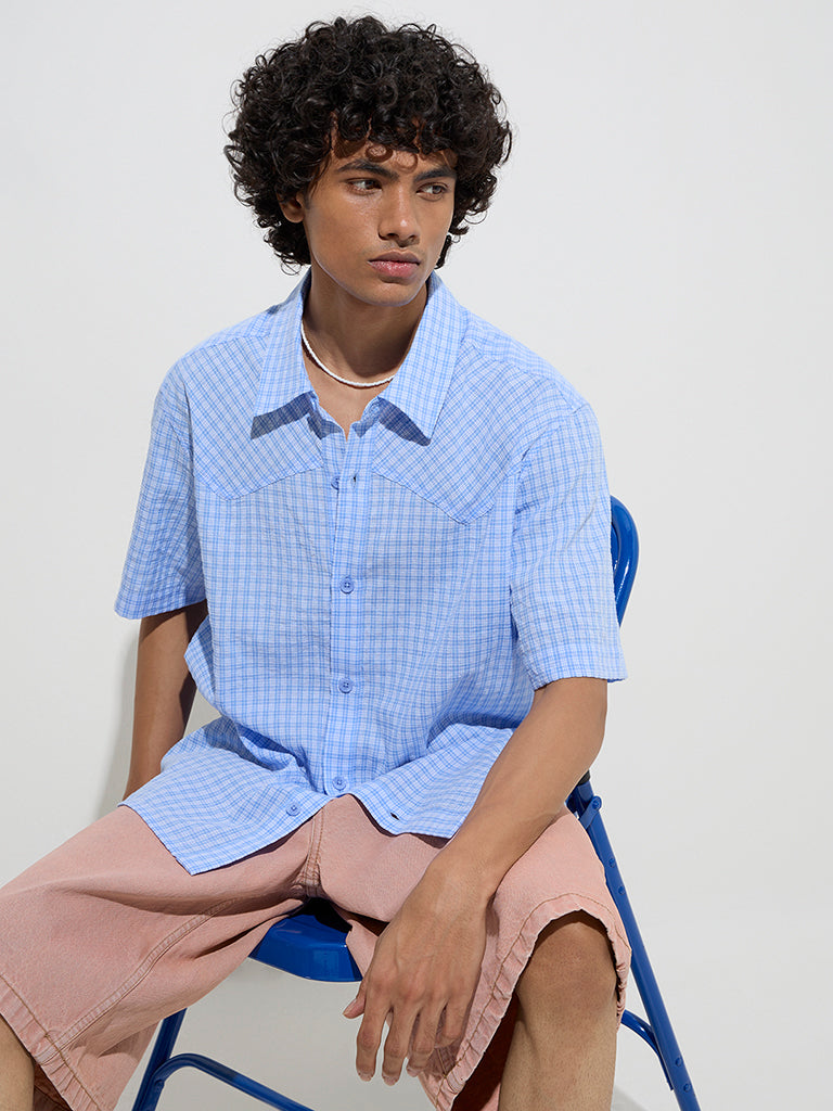 Nuon Blue Checkered Relaxed-Fit Shirt