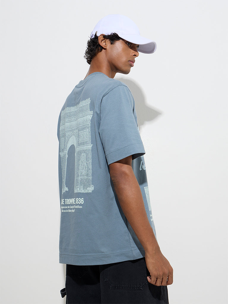 Westside Nuon Men's Dusty Blue Printed Relaxed-Fit Cotton T-Shirt for Casual Wear Back View