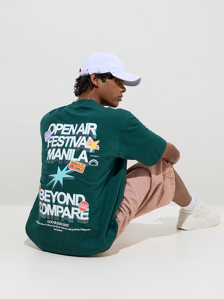 Westside Nuon Men's Green Typographic Relaxed-Fit Cotton T-Shirt for Casual Wear Back View