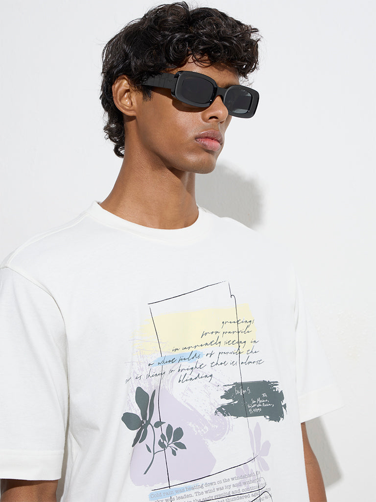 Westside Nuon Men's White Text Pattern Relaxed-Fit Cotton T-Shirt for Casual Wear Zoom View