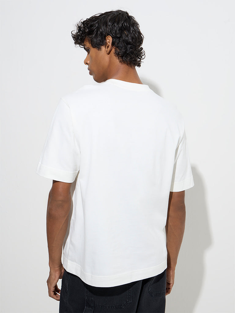 Westside Nuon Men's White Text Pattern Relaxed-Fit Cotton T-Shirt for Casual Wear Back View
