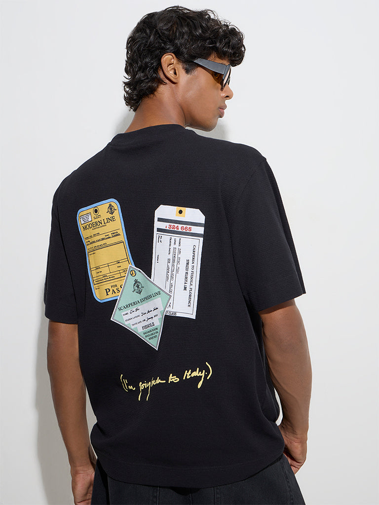 Westside Nuon Men's Black Text Design Relaxed-Fit Cotton-Blend T-Shirt for Casual Wear Back View