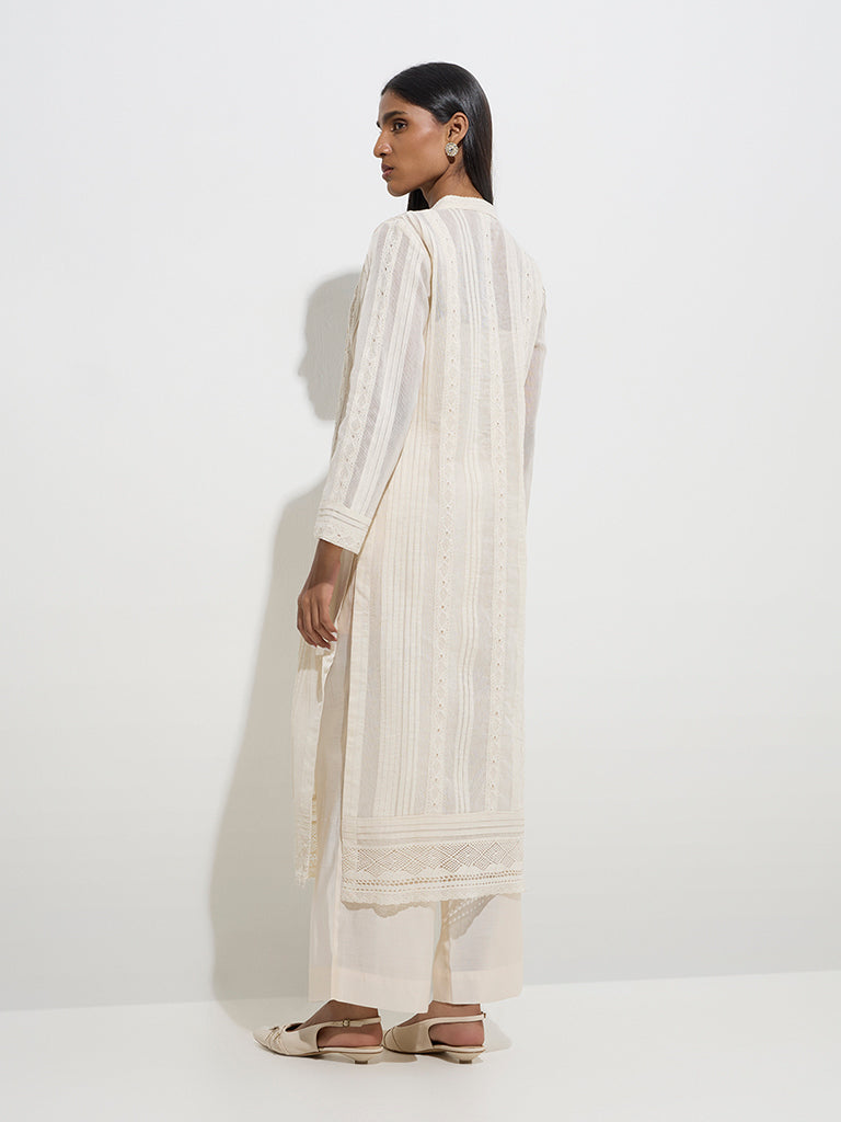 westisde Vark Women's Beige Floral Cotton-Blend Top, Jacket and Palazzos Set for Festive Wear Back View