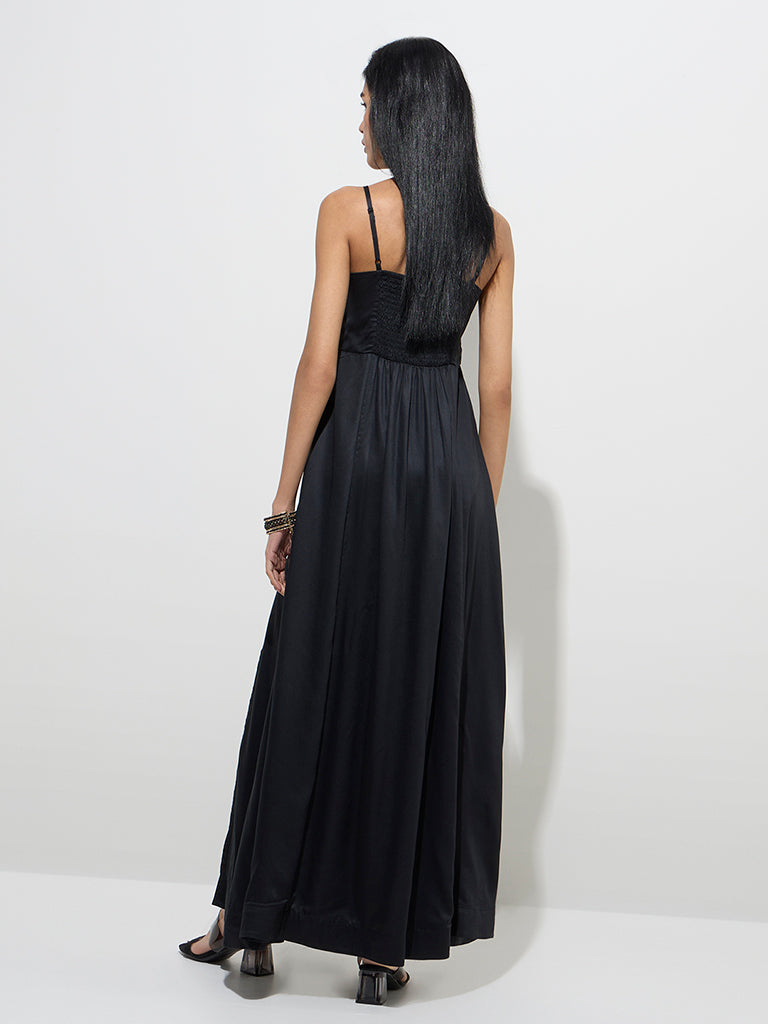 Westside Vark Women's Black Floral Embellished A-Line Dress for Festive Wear Back View