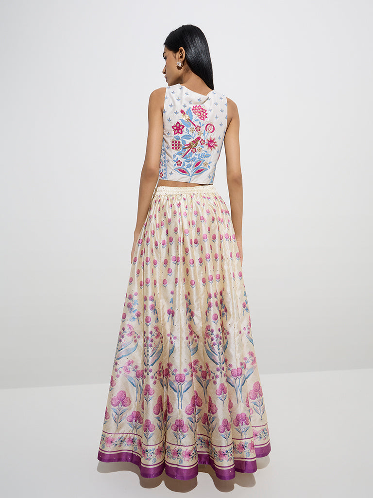 westisde Vark Women's Purple Botanical Design Skirt for Festive Wear Back View