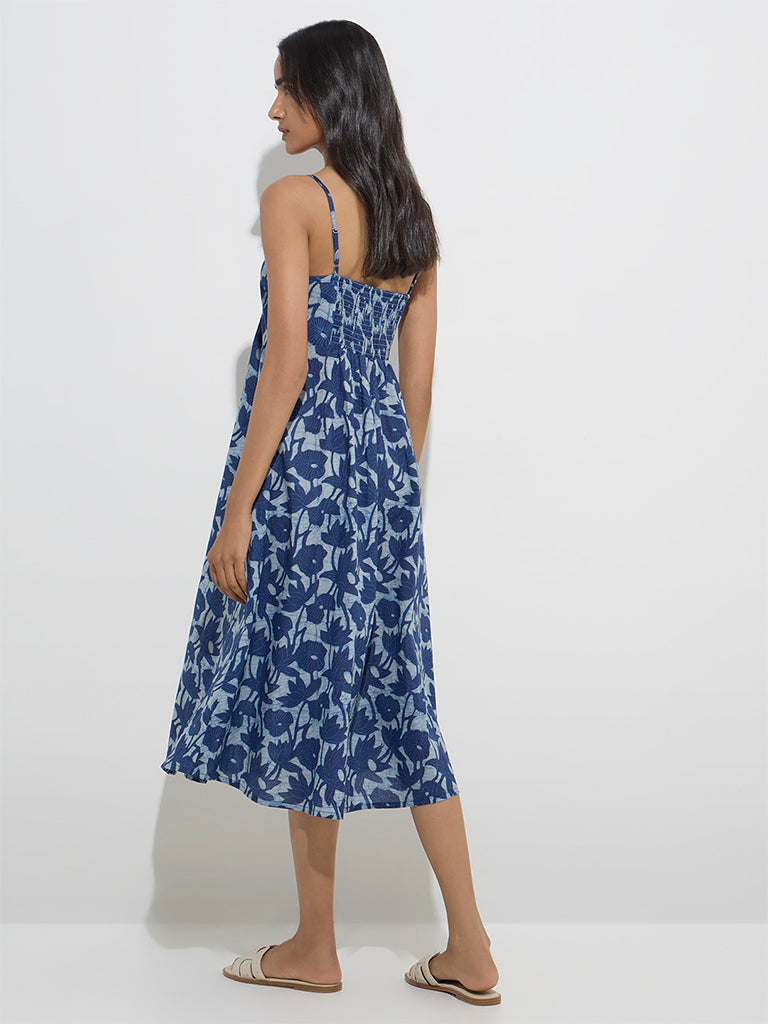 Westside Utsa Women's Navy Floral Design A-Line Cotton Dress for Work Wear Back View