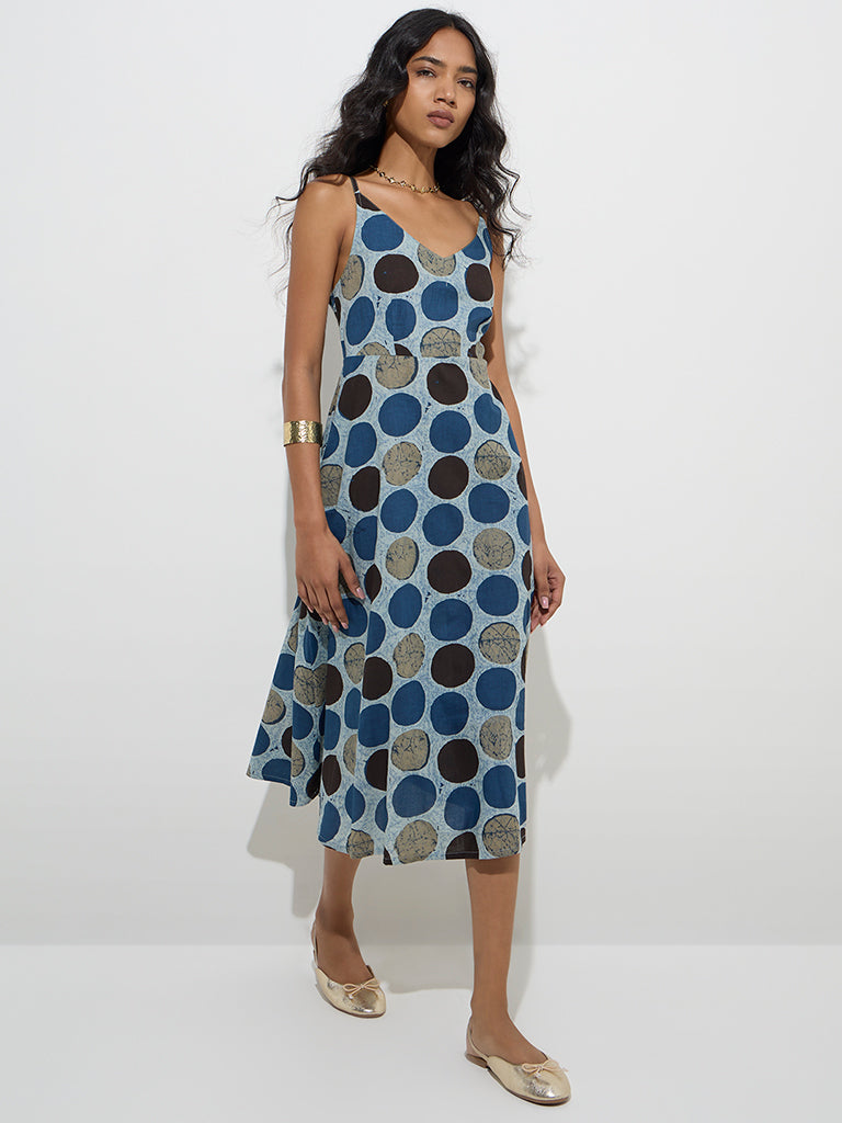 Utsa Blue Geometric Design Cotton A-Line Dress - Main Image
