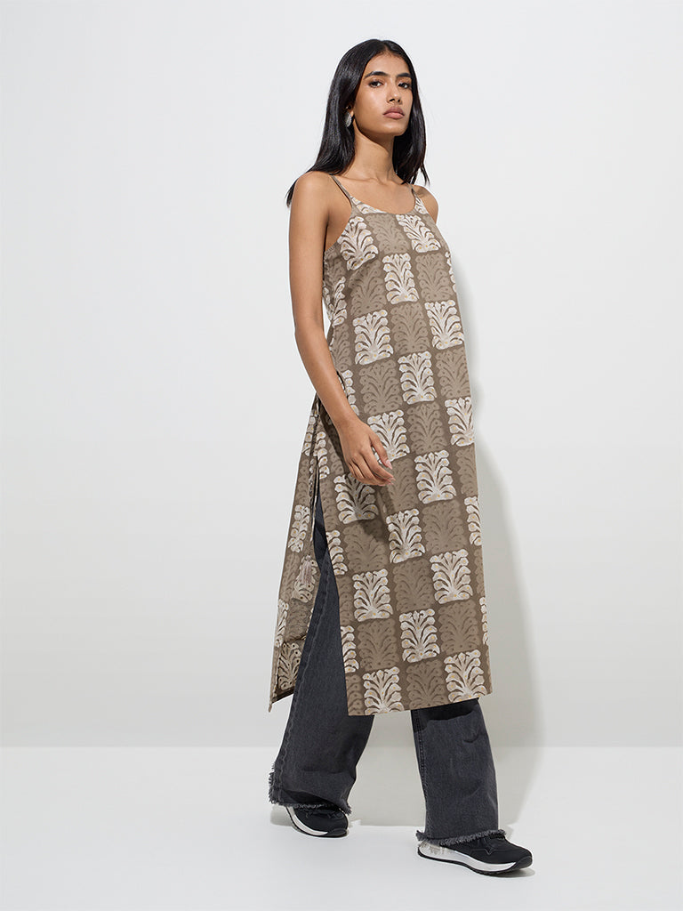 Utsa Taupe Printed Cotton Straight Kurta