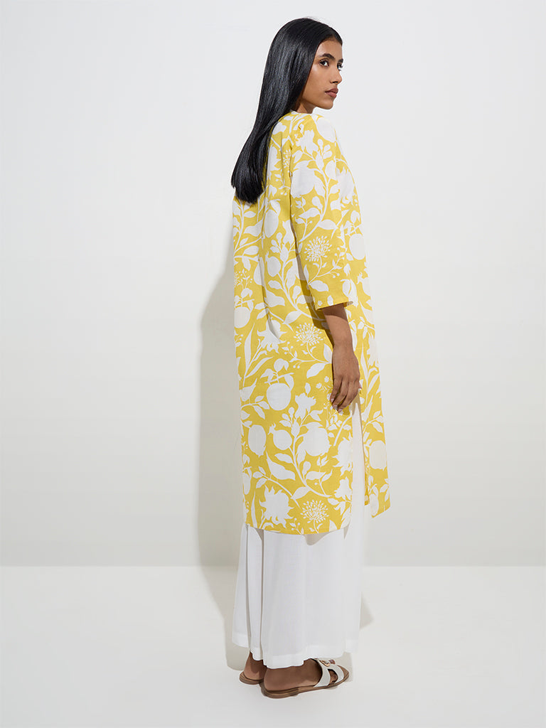 Westside Utsa Women's Yellow Botanical Printed Cotton Straight Kurta for Everyday Back View