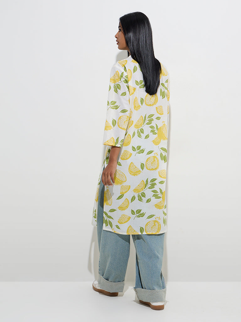 Westside Utsa Women's White Lemon Printed Straight Kurta for Everyday Back View