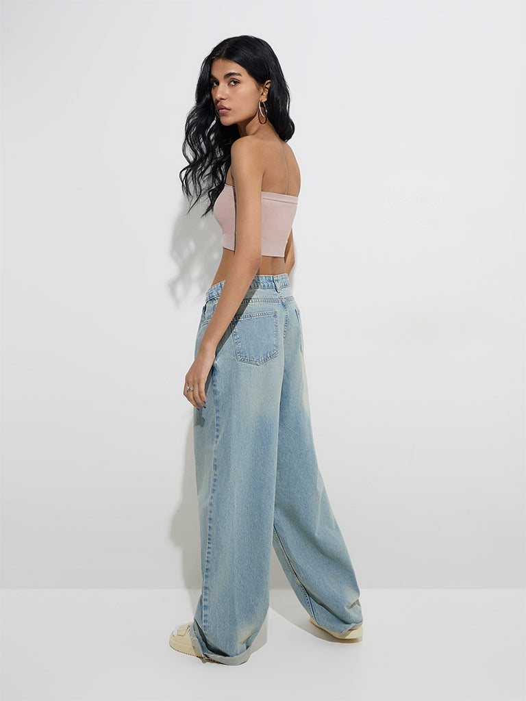 Westside Superstar Women's Light Brown Ribbed Seam-Free Bandeau Bra for Casual Wear Back View