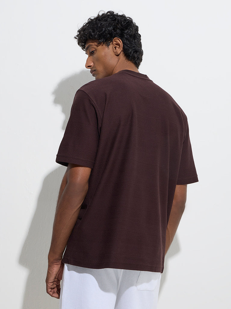 Westside WES Lounge Men's Brown Self Relaxed-Fit Cotton-Blend T-Shirt for Casual Wear Back View