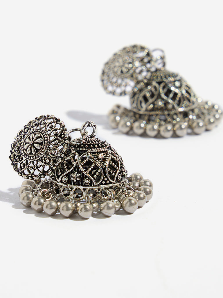 Westside Accessories Silver Oxidised Studded Jhumka Earrings