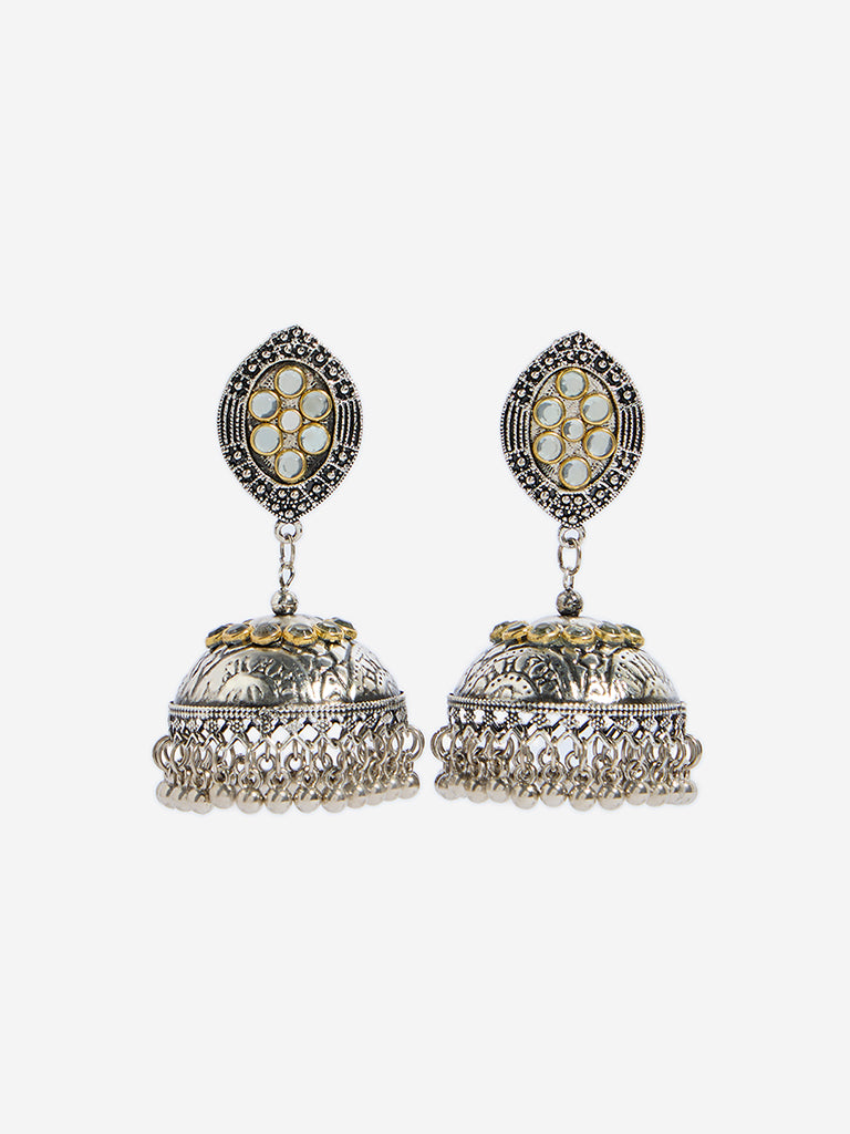 Westside Accessories Gold & Silver Oxidised Marquise Stud Jhumka Earrings