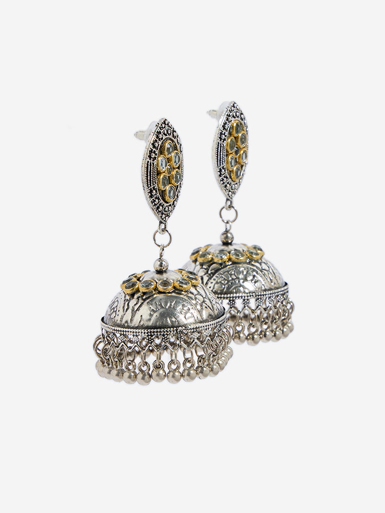 Westside Accessories Gold & Silver Oxidised Marquise Stud Jhumka Earrings