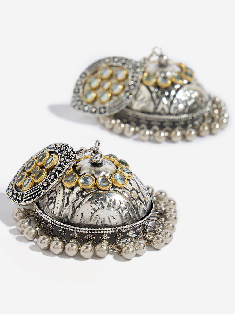 Westside Accessories Gold & Silver Oxidised Marquise Stud Jhumka Earrings
