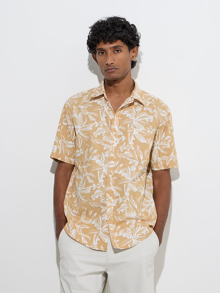 WES Casuals Mustard Floral Design Relaxed-Fit Cotton Shirt