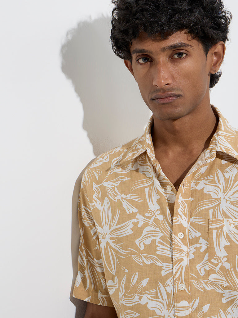WES Casuals Mustard Floral Design Relaxed-Fit Cotton Shirt