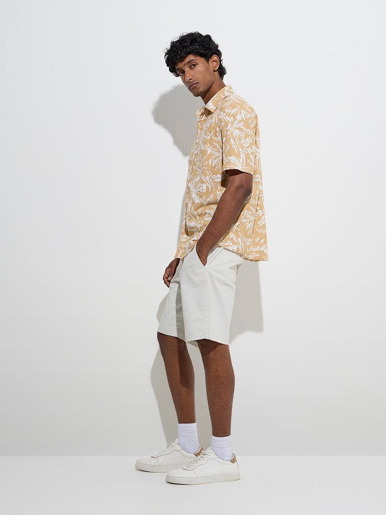 WES Casuals Mustard Floral Design Relaxed-Fit Cotton Shirt