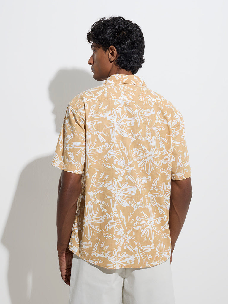 WES Casuals Mustard Floral Design Relaxed-Fit Cotton Shirt
