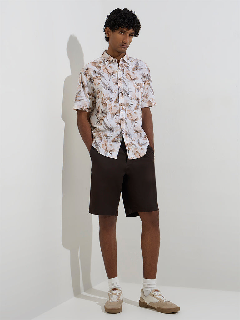 WES Casuals Off-White Floral Relaxed-Fit Cotton Shirt