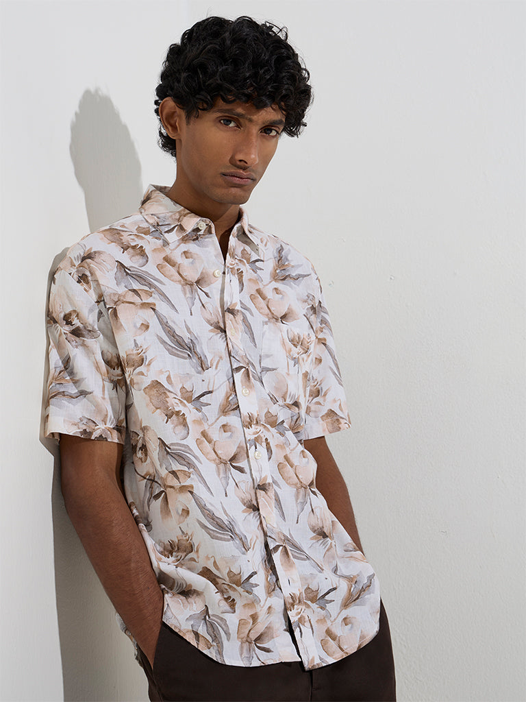 WES Casuals Off-White Floral Relaxed-Fit Cotton Shirt