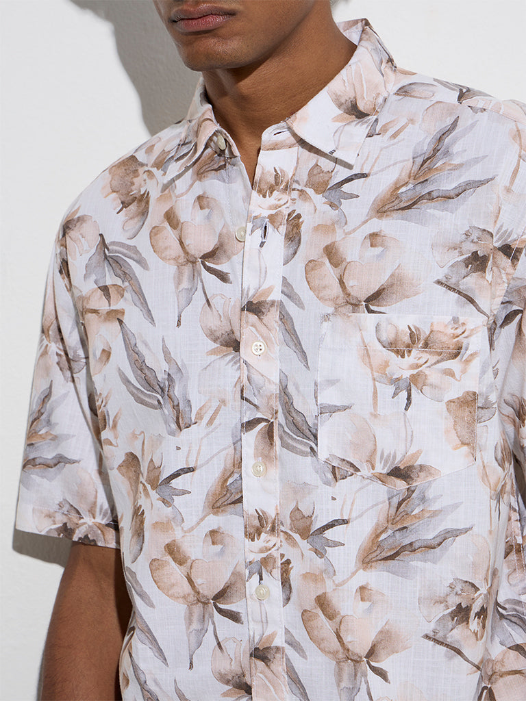 WES Casuals Off-White Floral Relaxed-Fit Cotton Shirt