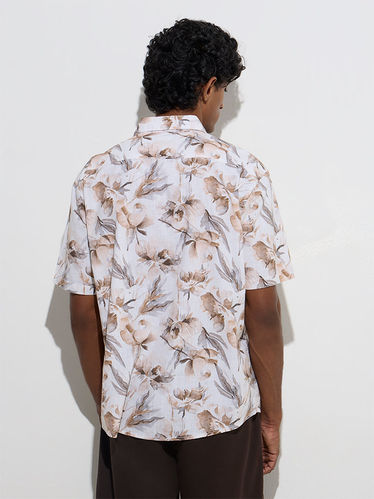 WES Casuals Off-White Floral Relaxed-Fit Cotton Shirt