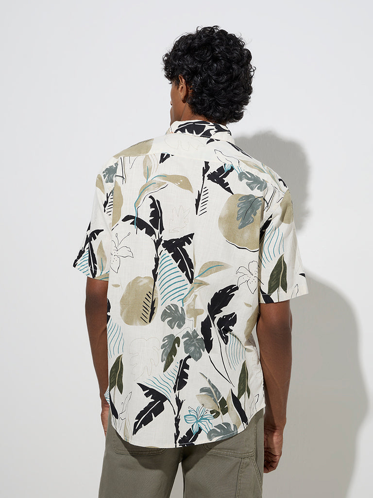 Westside WES Casuals Men's Sage Foliage Design Relaxed-Fit Cotton Shirt for Casual Wear Back View