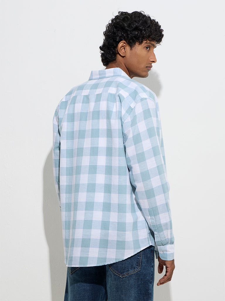 Westside WES Casuals Men's Light Blue Relaxed-Fit Cotton-Blend Shirt for Casual Wear Back View