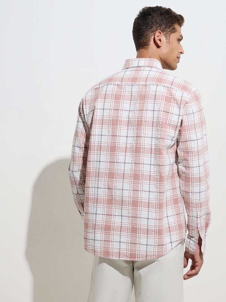 Westside WES Casuals Men's Dusty Pink Checkered Relaxed-Fit Cotton Shirt for Casual Wear Back View