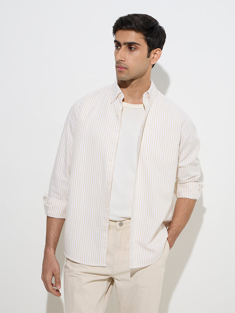 Westside WES Casuals Men's Light Yellow Striped Relaxed-Fit Cotton Shirt for Casual Wear Front View
