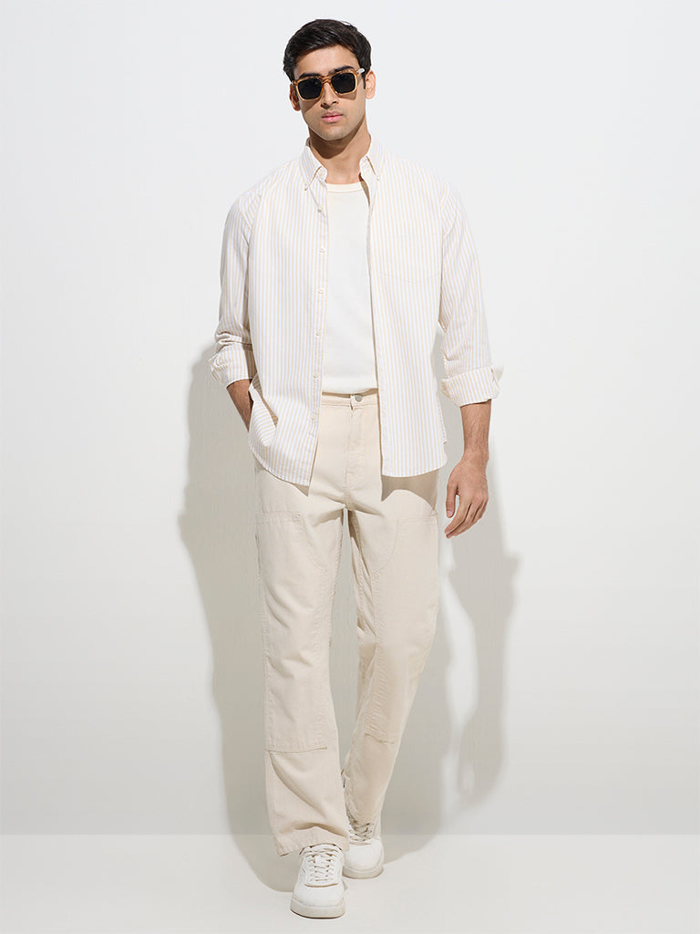 Westside WES Casuals Men's Light Yellow Striped Relaxed-Fit Cotton Shirt for Casual Wear Full Model View