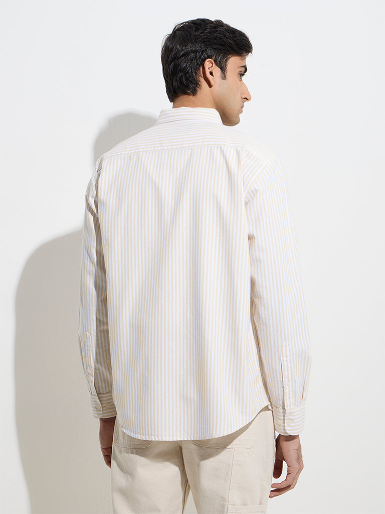 Westside WES Casuals Men's Light Yellow Striped Relaxed-Fit Cotton Shirt for Casual Wear Back View