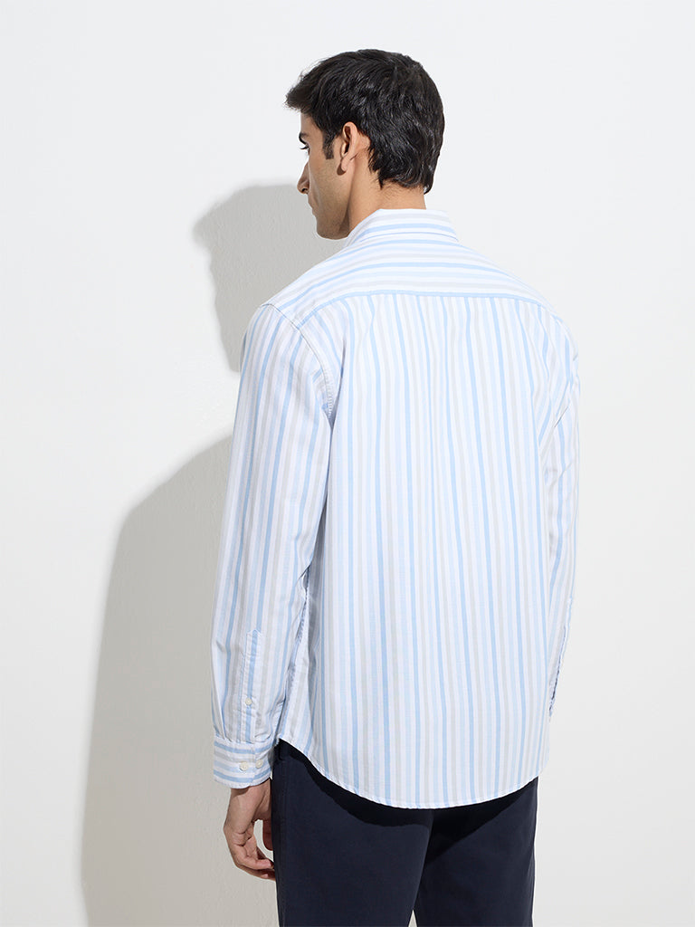 Westside WES Casuals Men's Blue Stripe Printed Relaxed-Fit Cotton Shirt for Casual Wear Back View