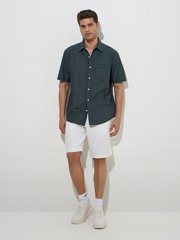WES Casuals Dark Green Self Relaxed-Fit Cotton Shirt