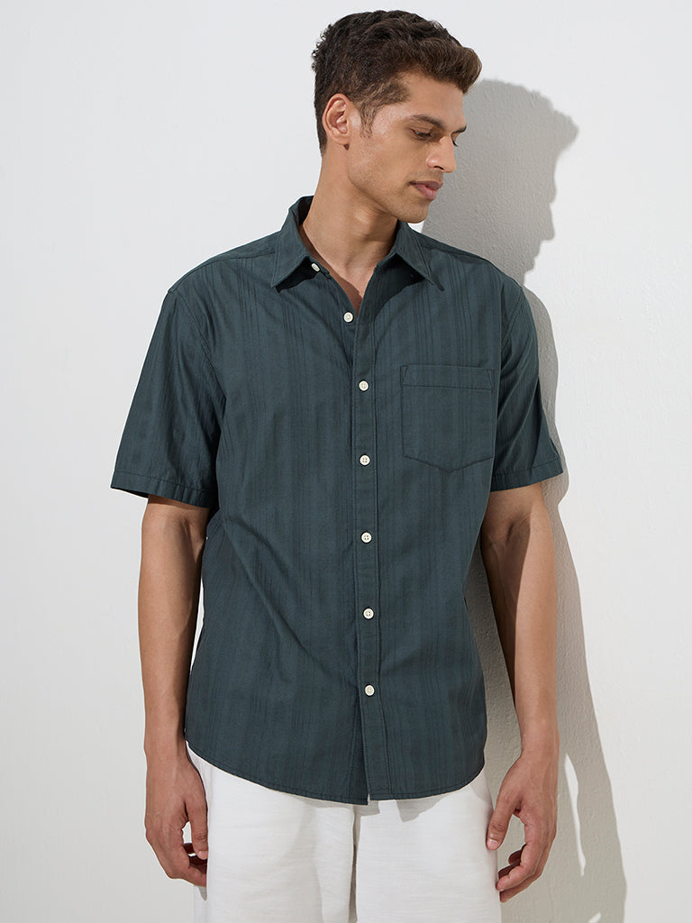 WES Casuals Dark Green Self Relaxed-Fit Cotton Shirt
