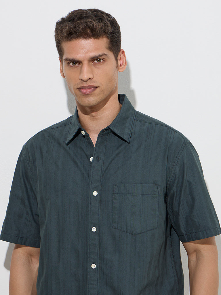 WES Casuals Dark Green Self Relaxed-Fit Cotton Shirt