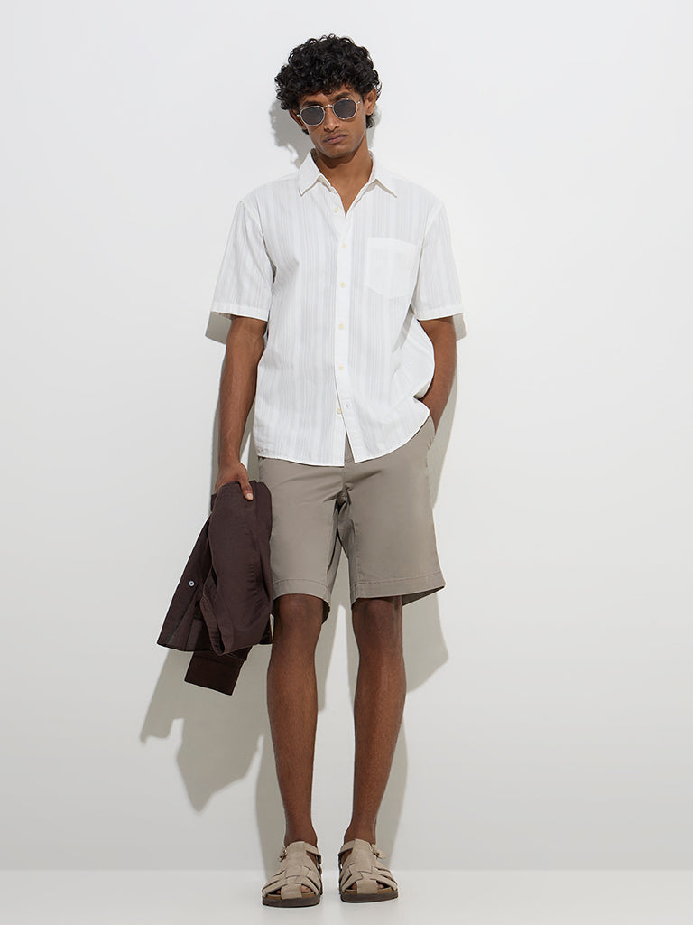 WES Casuals White Self-Striped Relaxed-Fit Cotton Shirt
