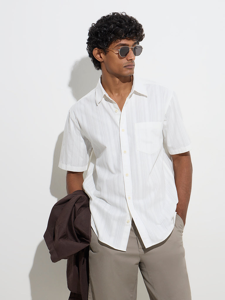 WES Casuals White Self-Striped Relaxed-Fit Cotton Shirt