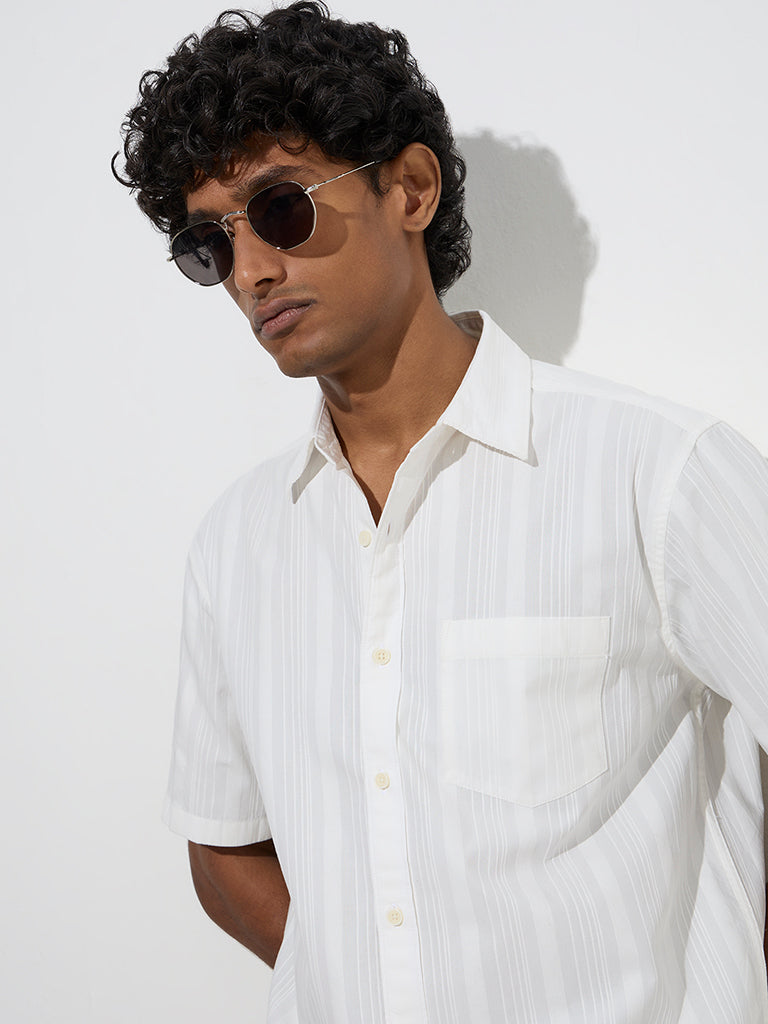 WES Casuals White Self-Striped Relaxed-Fit Cotton Shirt