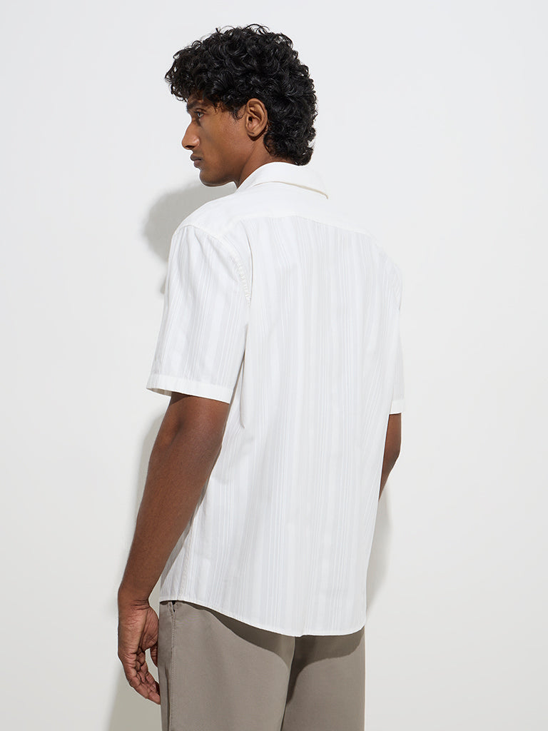 WES Casuals White Self-Striped Relaxed-Fit Cotton Shirt