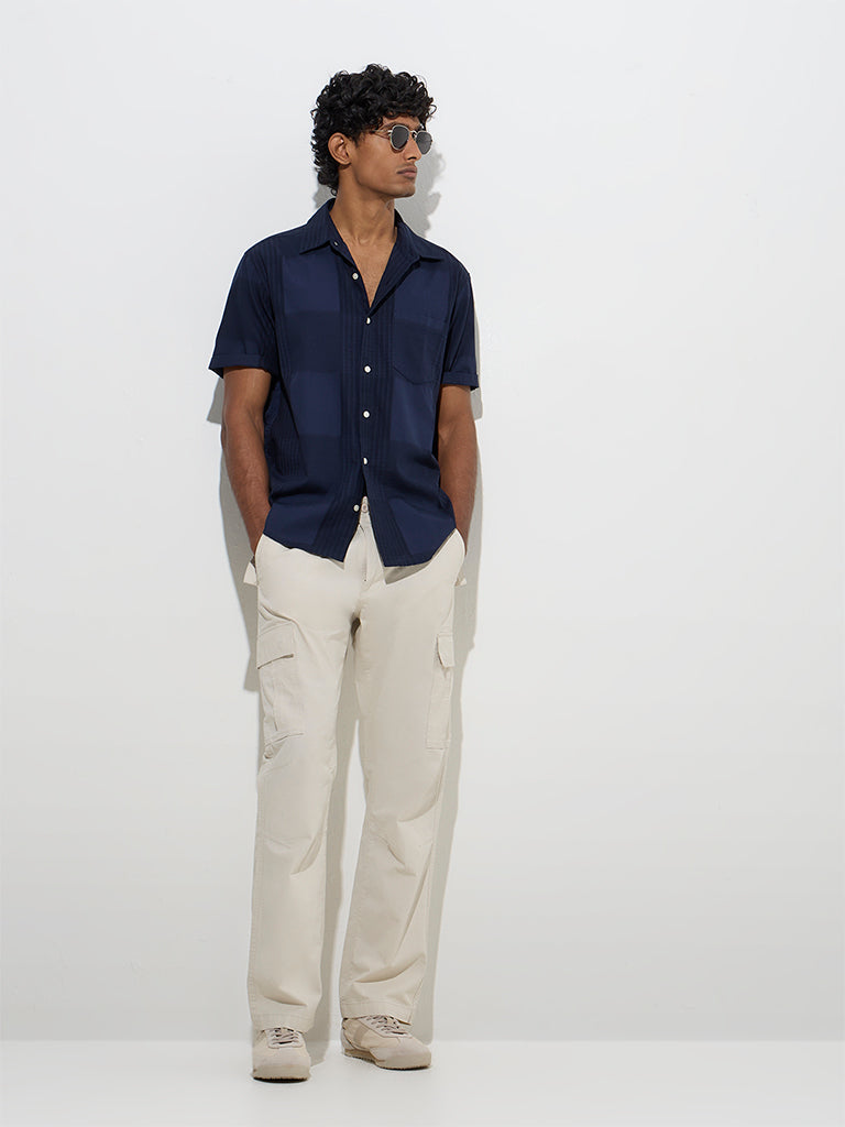 WES Casuals Navy Self-Patterned Relaxed-Fit Cotton Shirt
