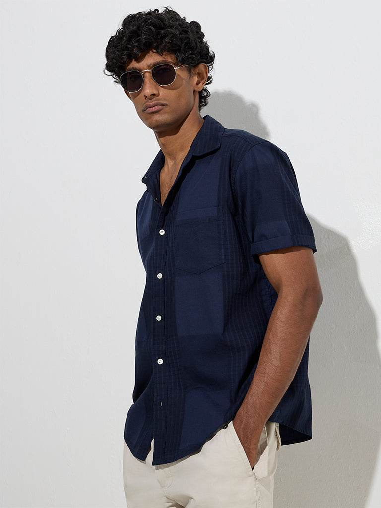 WES Casuals Navy Self-Patterned Relaxed-Fit Cotton Shirt