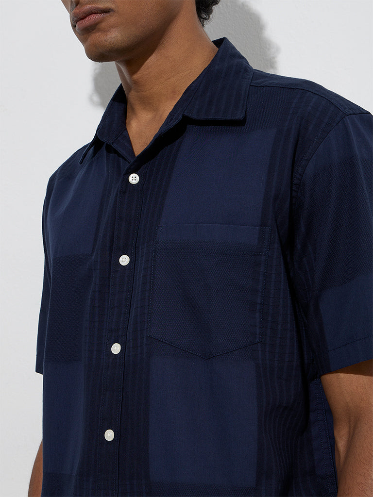 WES Casuals Navy Self-Patterned Relaxed-Fit Cotton Shirt