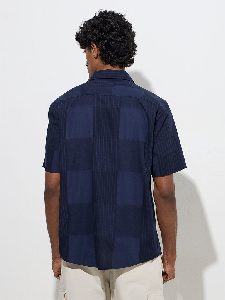 westisde WES Casuals Men's Navy Self-Patterned Relaxed-Fit Cotton Shirt for Casual Wear Back View