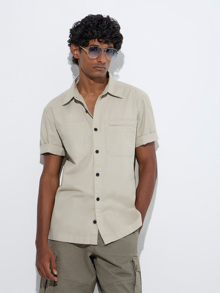 WES Casuals Beige Relaxed-Fit Cotton Shirt