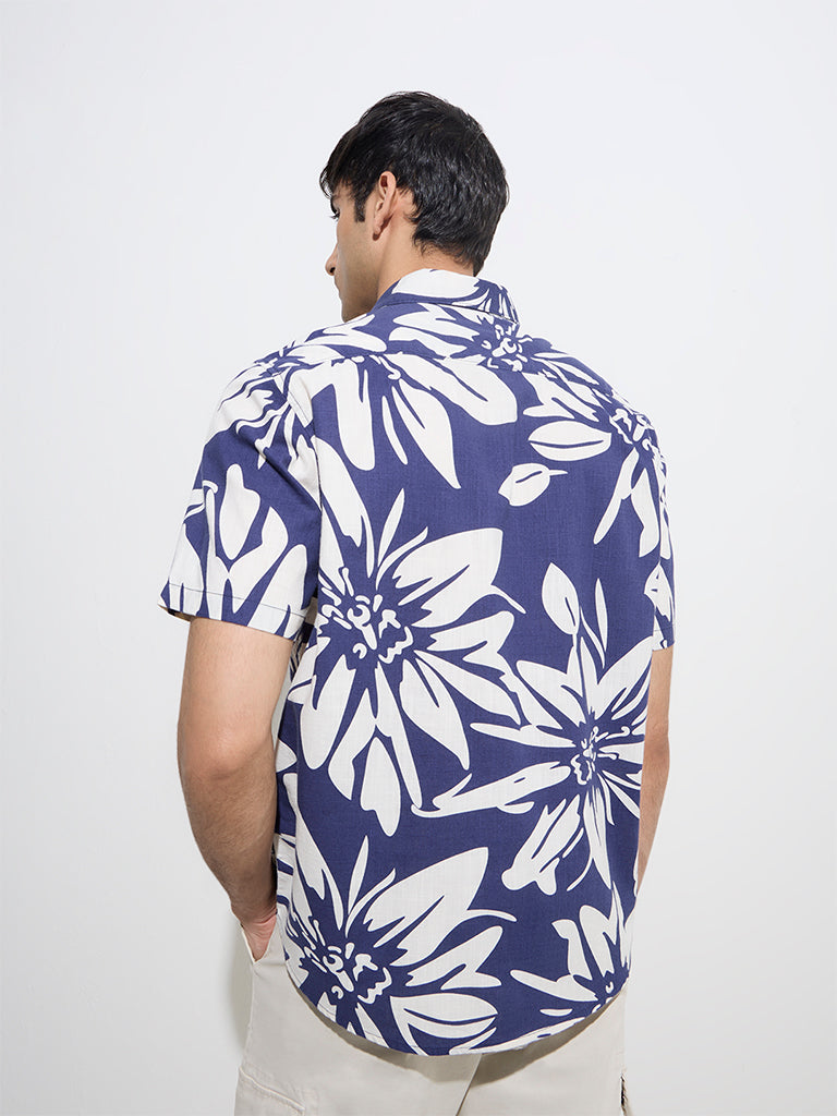 Westside WES Casuals Men's Navy Floral Printed Relaxed-Fit Cotton Shirt for Casual Wear Back View