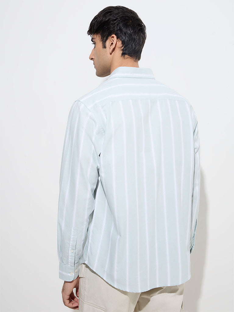 Westside WES Casuals Men's Sage Stripe Printed Relaxed-Fit Cotton Shirt for Casual Wear Back View