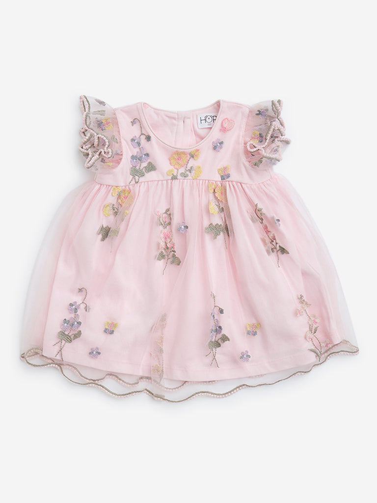 westisde HOP Baby Girls' Pink Floral Design A-Line Dress for Party Wear Front View